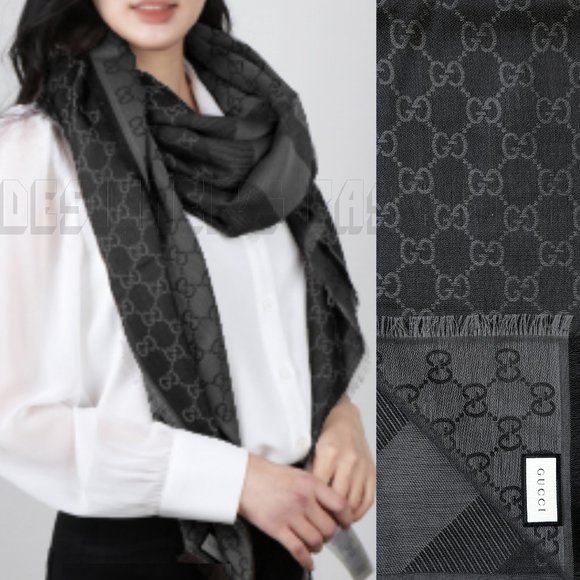 GUCCI charcoal & gray GGWEB giant 55"-square wool/silk pashmina shawl scarf NWT - Picture 1 of 6